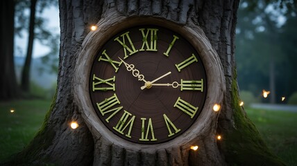 Fototapeta premium Vintage clock embedded in tree trunk creating natural forest concept 