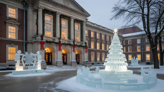 Ice sculptures of a Christmas tree and nautical theme decorate a building exterior creating a festive winter scene for holiday celebrations and events