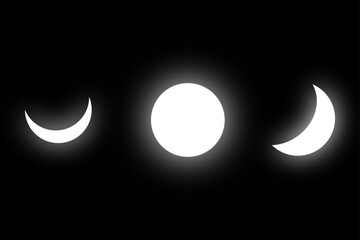 Bright Neon Glowing Moon Shapes on Black Background, Crescent and Full Moon