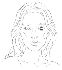 A line drawing of a woman's face with long, wavy hair, beautiful, cosmetic, drawing, eye, face, freckle, girl, hair, head, illustration, portrait, woman, against transparent background