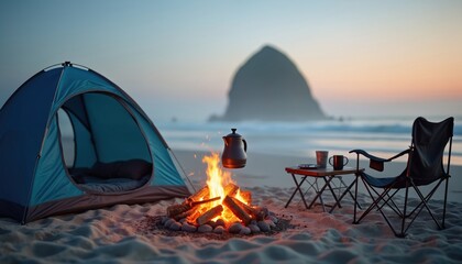 Campsite on sandy ocean beach with tent, campfire at twilight. Coffee pot heats on fire near folding chair. Peaceful solo travel adventure outdoor recreation with sea view. Evening relaxation by