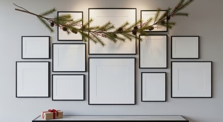 Frames mockup on wall with christmas decoration and gift box on table