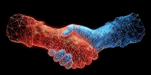 Digital handshake symbolizing collaboration and unity in a connected world