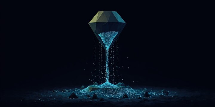 Digital art depicting a crystal hourglass with vibrant blue particles flowing down, creating a captivating visual experience
