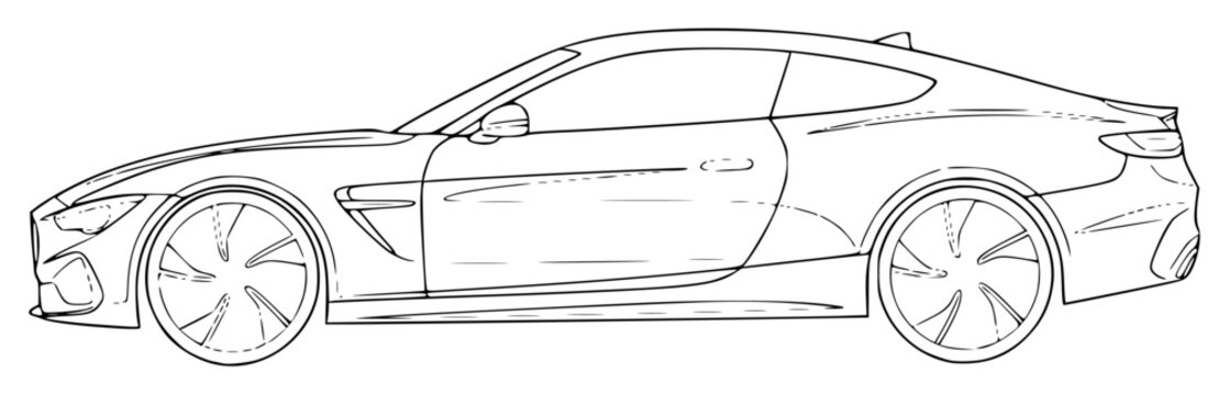 A line drawing of a sports car, car, drawing, illustration, outline, sedan, sketch, sports car, against transparent background
