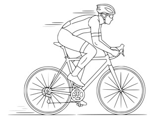 Naklejka premium A line drawing of a cyclist riding a bicycle, bicycle, bicycle helmet, biker, cycle, helmet, illustration, man, ride, against transparent background