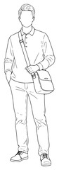 A line drawing of a man standing with a bag over his shoulder, catch, drawing, hand, illustration, man, overall, sketch, stand, suspenders, tool, wear, against transparent background