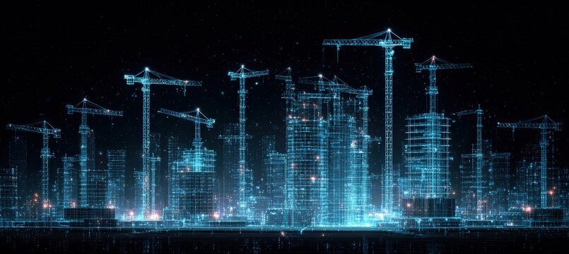 Holographic Blueprint of Skyscrapers with Digital Cranes in Cyberpunk Style