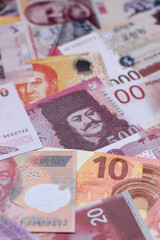 Money background, currency exchange, paper banknotes from different countries. Money cash currency