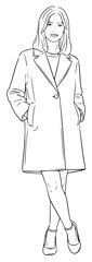 A line drawing of a woman in a long coat, coat, drawing, dress, girl, illustration, jacket, sketch, trench coat, walk, wear, woman, against transparent background