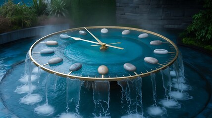 Circular water clock fountain with flowing streams and outdoor design