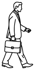 A line drawing of a man walking with a briefcase, bag, briefcase, business suit, businessman, carry, hand, illustration, man, suit, walk, against transparent background