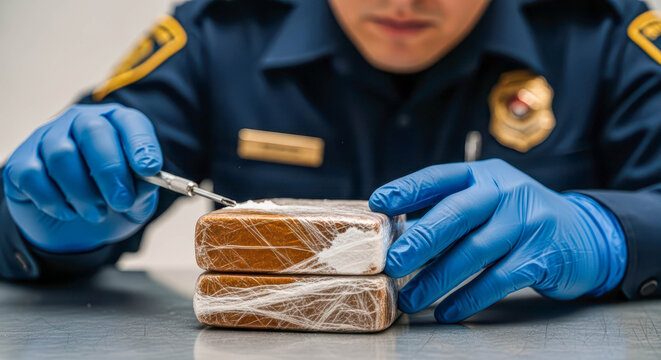 Man in blue uniform and gloves tests a seized brick of brown substance with a tool, suggesting drug analysis or crime investigation.