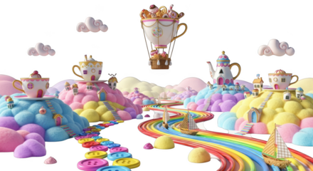 Candy land with teacup hot air balloon, rainbow river and button path fantasy sweet