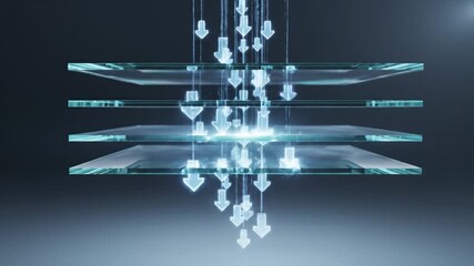 Futuristic glass layers with digital arrows representing data transfer in a modern tech environment - Powered by Adobe