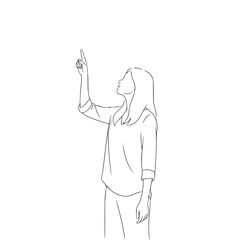 A line drawing of a woman pointing upwards, drawing, girl, hand, illustration, point, sky, stand, woman, against transparent background