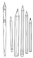 A line drawing of various pencils and a paintbrush, brush, crayon, draw, drawing, eraser, illustration, line, mark, paint brush, pen, pencil, against transparent background