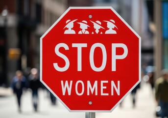 Stop women violence sign in a street, with people walking in the background, symbolizing the fight against genderbased violence