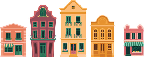 Set of cute colorful european style houses and shops standing together in a row for flat cartoon vector illustration design.