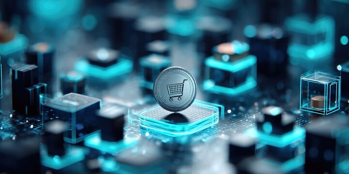 Digital shopping cart icon on futuristic technology background highlighting e-commerce and connectivity