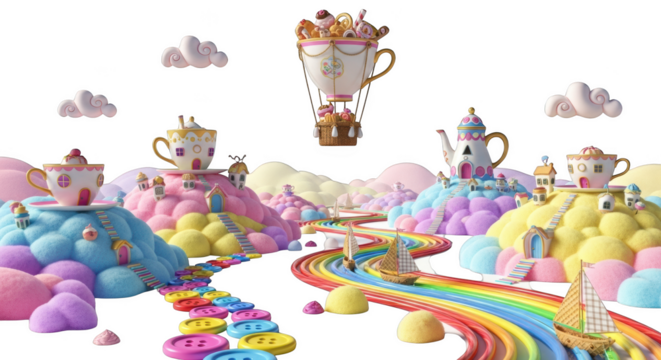 Candy land with teacup hot air balloon, rainbow river and button path fantasy sweet