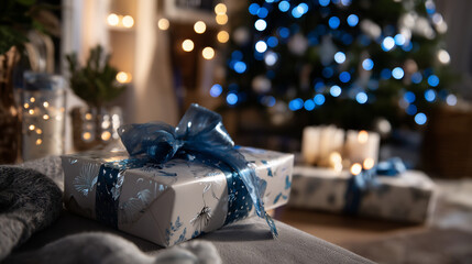 Wrapped Christmas presents by tree with blue lights