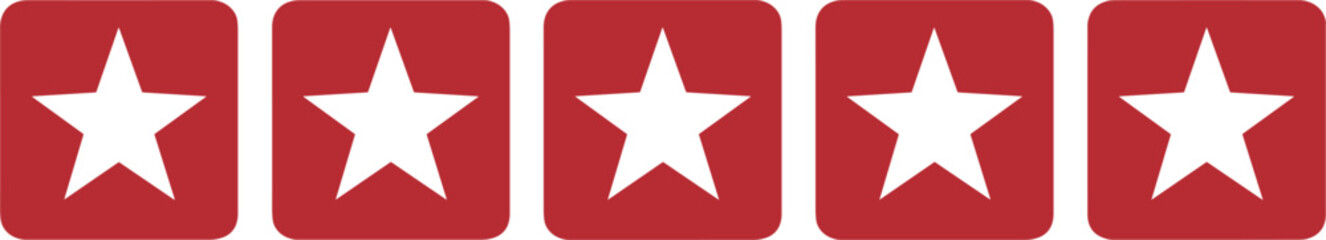 Five white stars on red square backgrounds for rating review feedback