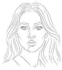 A line drawing of a woman's face with long, wavy hair, beautiful, cosmetic, draw, drawing, eye, eyebrow, face, freckle, girl, hair, head, illustration, portrait, woman, against transparent background