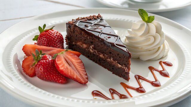 A slice of decadent chocolate cake is beautifully plated with fresh strawberries, whipped cream, and a drizzle of rich caramel sauce on a white plate