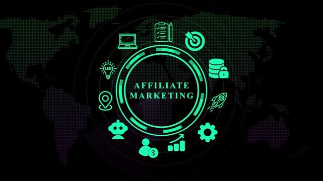 Affiliate marketing concept with icons and world map. Business, technology, modern technology concept.