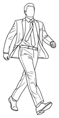 A line drawing of a man walking in formal attire, briefcase, business suit, businessman, drawing, illustration, man, sketch, stroll, suit, tie, walk, against transparent background