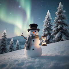 Cute Cartoon Snowman Wearing Top Hat and Scarf on Snowy Landscape. Holiday Season Greeting Card Design Template.