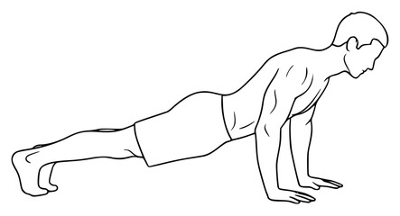 A line drawing of a man performing a push-up exercise, back, bend, exercise, floor, hip, illustration, man, muscle, plank, pose, profile, squat, stretch, against transparent background