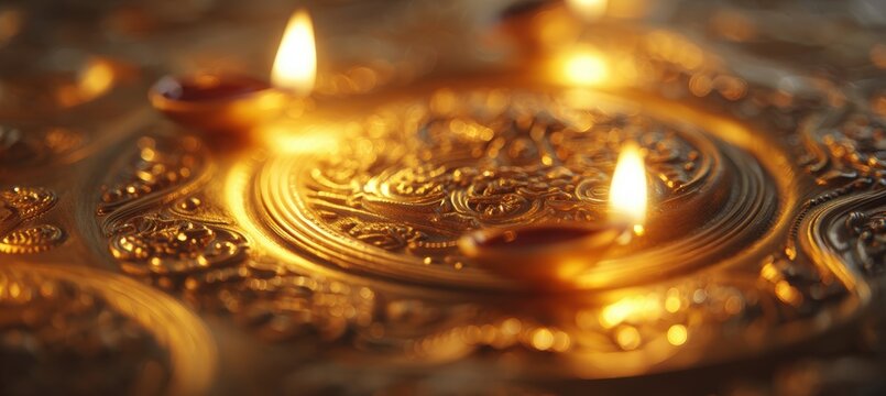 Golden Diwali Plaque with Diya Flame in Macro Photography