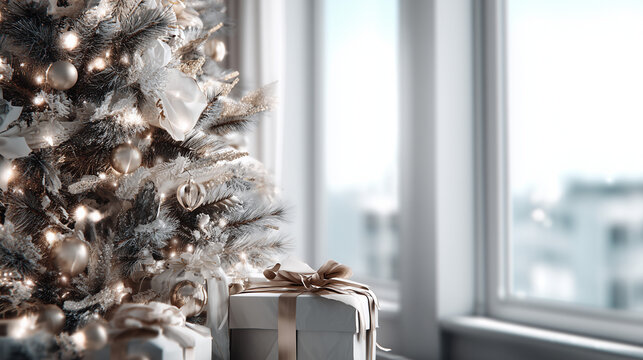 Close-up of Christmas tree and gifts in white room and pastel beige tones - Powered by Adobe