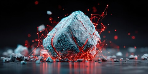Digital rock formation with glowing elements in a creative 3D design showcasing technology and nature