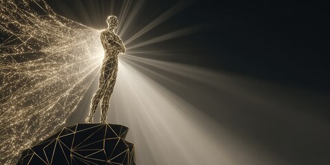 Shining figure emanates light in a dark space, symbolizing hope and inspiration through a network of glowing lines