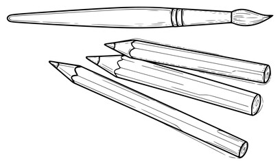 A line drawing of three pencils and a paintbrush, brush, crayon, draw, drawing, eraser, illustration, log, mark, paint brush, pen, pencil, sketch, against transparent background