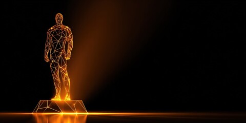 Artistic representation of a glowing wireframe statue against a dark background highlighting creativity and technology