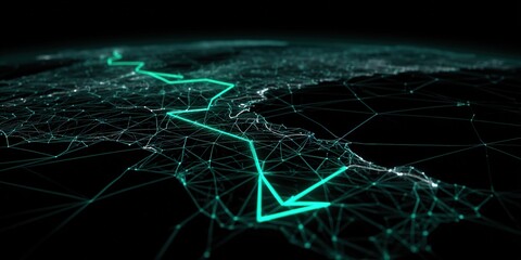 Digital network visualization showing connected nodes across a geographical map at night