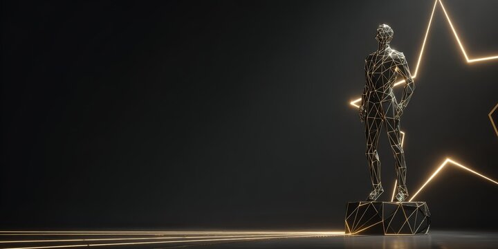 Sculpture of a human figure made of light lines set against a dark background with a star - Powered by Adobe