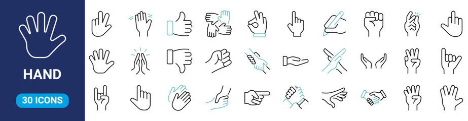 Fototapeta premium Set of 30 outline icons related to hands. Linear icon collection. Editable stroke. Vector illustration