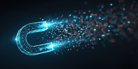 Digital magnet attracting particles in a futuristic design with glowing effects in a dark environment