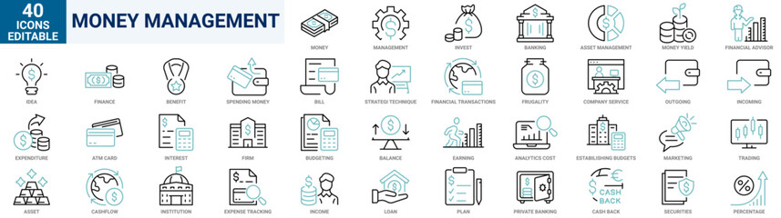 Money Management web line icon set. Containing money management, budgeting, expense, finance, saving, income. Editable Stroke. Vector illustration