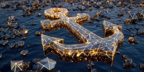 Golden anchor shines brightly over calm waters surrounded by geometric shapes in evening light