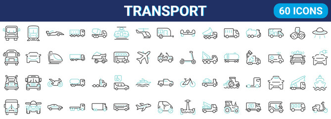 Transport web line icons. Containing car, bike, plane, train, bicycle, motorbike, bus and scooter. Editable stroke. Vector illustration