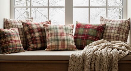 Comfortable window seat with plaid pillows and a knitted throw blanket