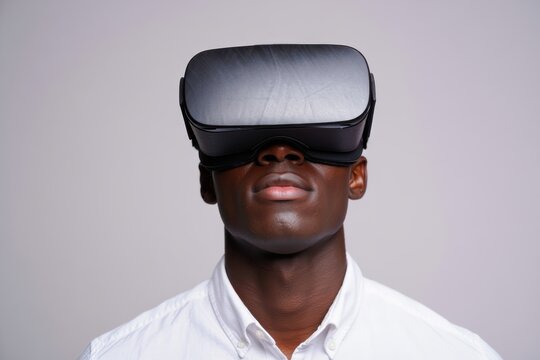 Man wearing a sleek virtual reality headset in a minimal studio setting.