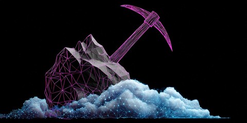 Digital artwork showcasing a geometric pickaxe embedded in a stylized cloud formation, highlighting modern art and technology themes