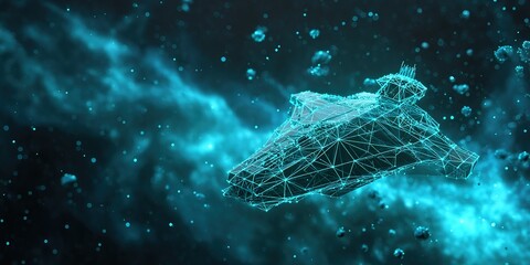 Spaceship gliding through a digital galaxy with glowing particles in a starry background